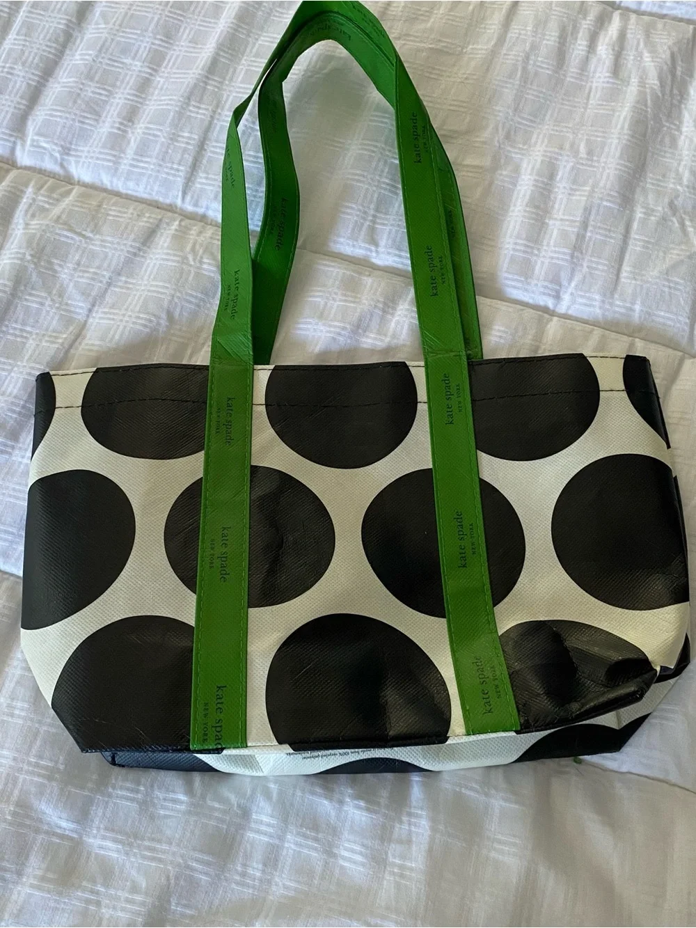 Kate Spade New York Tote Bag Reusable Black White Polka Dot Shopping Small Green